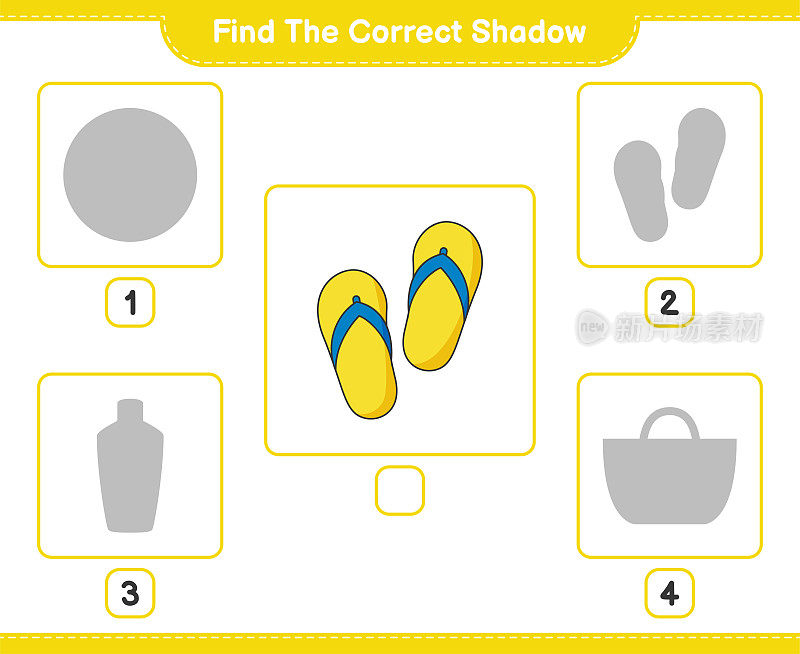 找到正确的影子。找到并匹配Flip Flop的正确阴影。教育儿童游戏，可打印的工作表，矢量插图